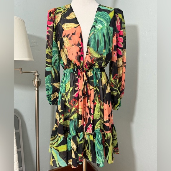 Patbo Tropicalia Short Sheer Coverup Dress Shoulder Pads Tropical Leaf - Picture 2 of 7